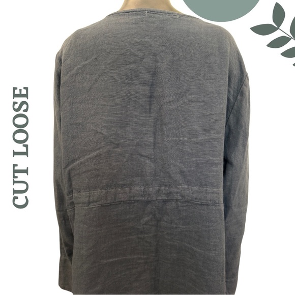 Cut Loose Blue Button-Front Linen Jacket Front Pockets Drawstring Back Large - Picture 6 of 9